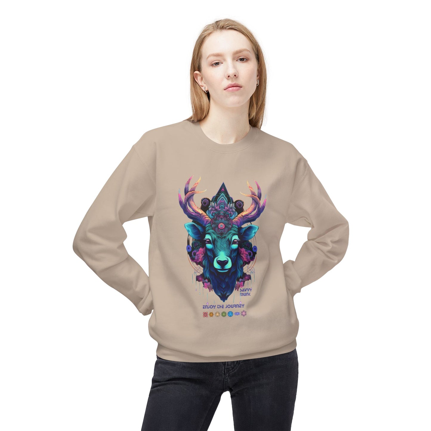 Tranquility Deer - Unisex Fleece Crewneck Sweatshirt, Bohemian Style, Cozy Gift, Nature Lover Apparel, Fall Fashion, Art Sweatshirt