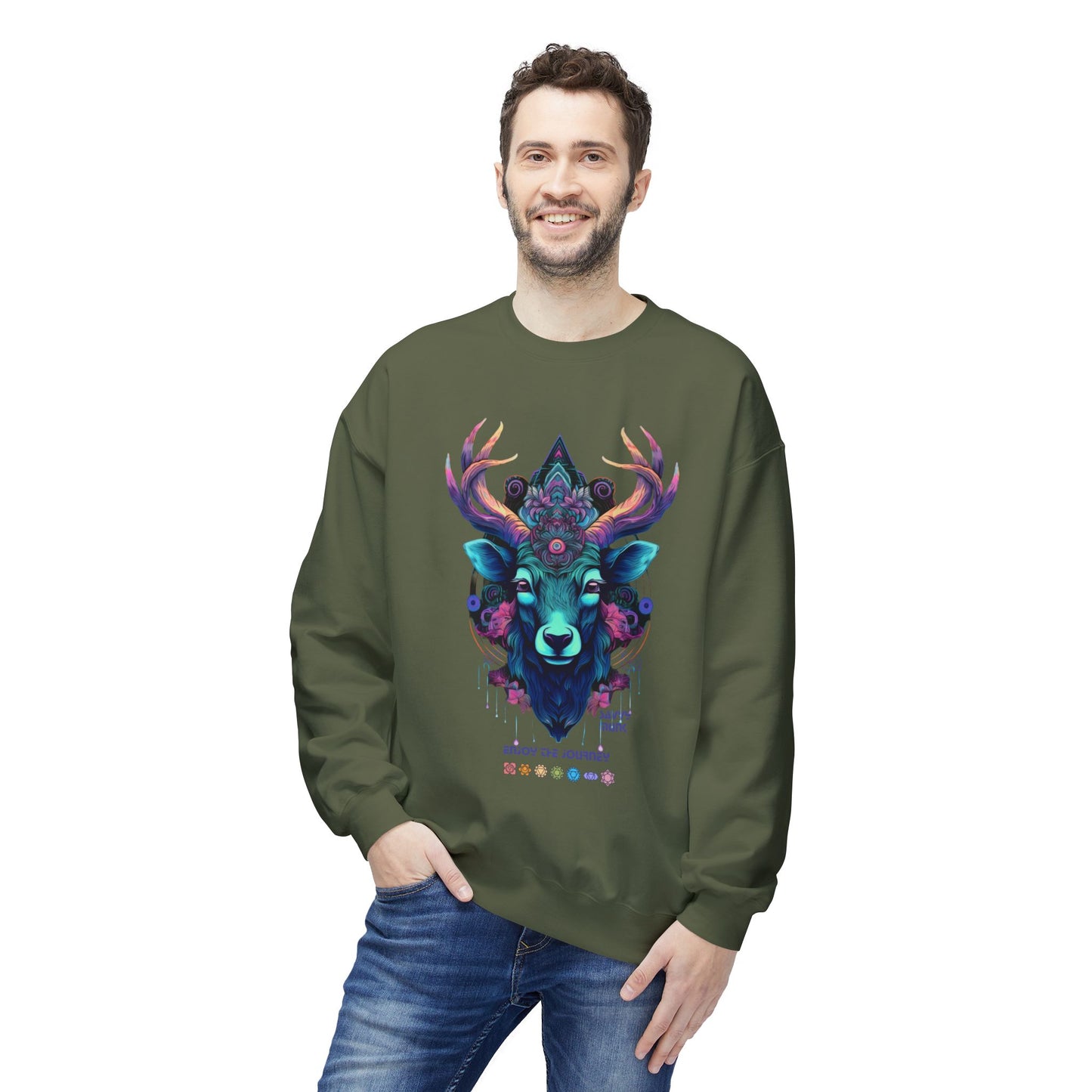 Tranquility Deer - Unisex Fleece Crewneck Sweatshirt, Bohemian Style, Cozy Gift, Nature Lover Apparel, Fall Fashion, Art Sweatshirt