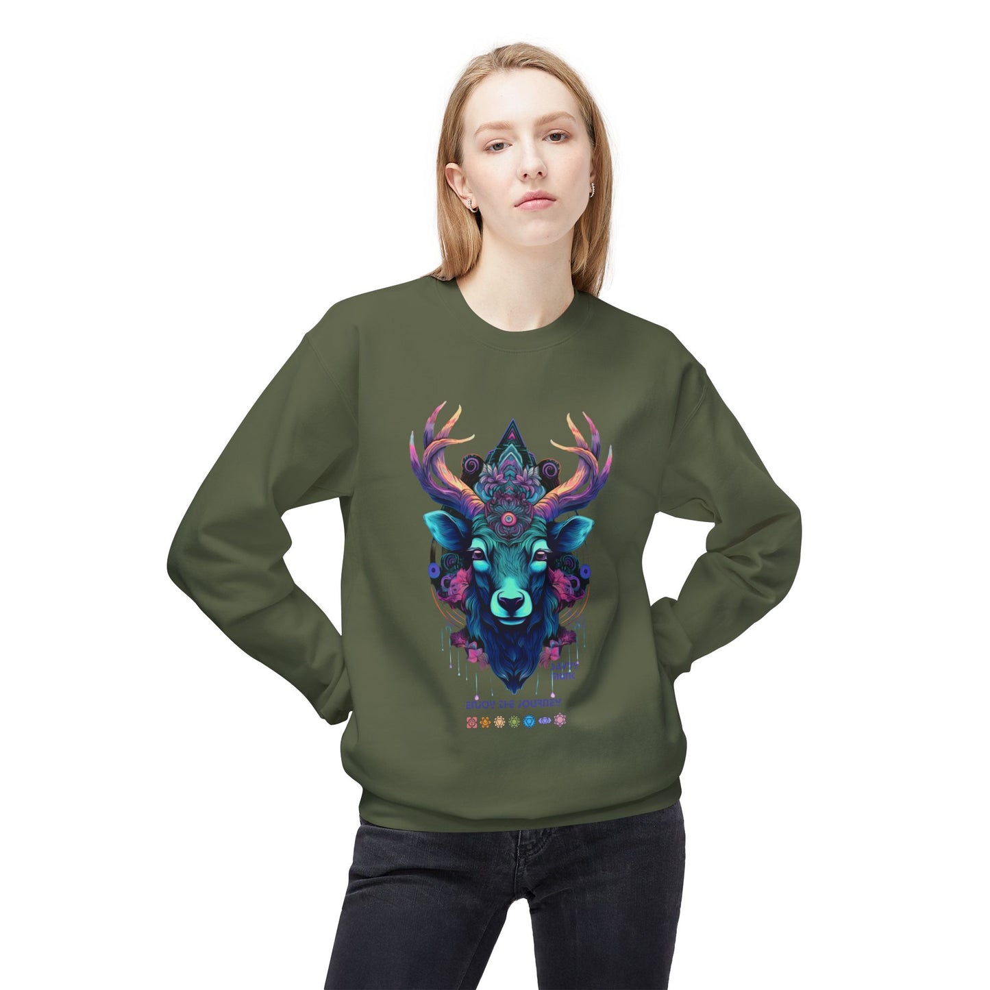 Tranquility Deer - Unisex Fleece Crewneck Sweatshirt, Bohemian Style, Cozy Gift, Nature Lover Apparel, Fall Fashion, Art Sweatshirt