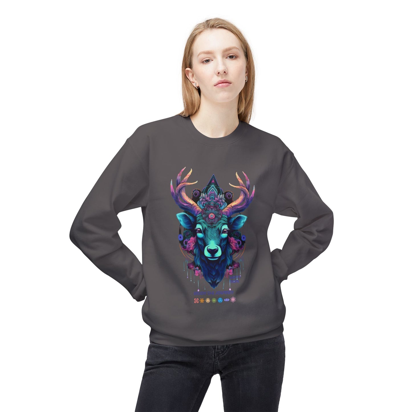Tranquility Deer - Unisex Fleece Crewneck Sweatshirt, Bohemian Style, Cozy Gift, Nature Lover Apparel, Fall Fashion, Art Sweatshirt
