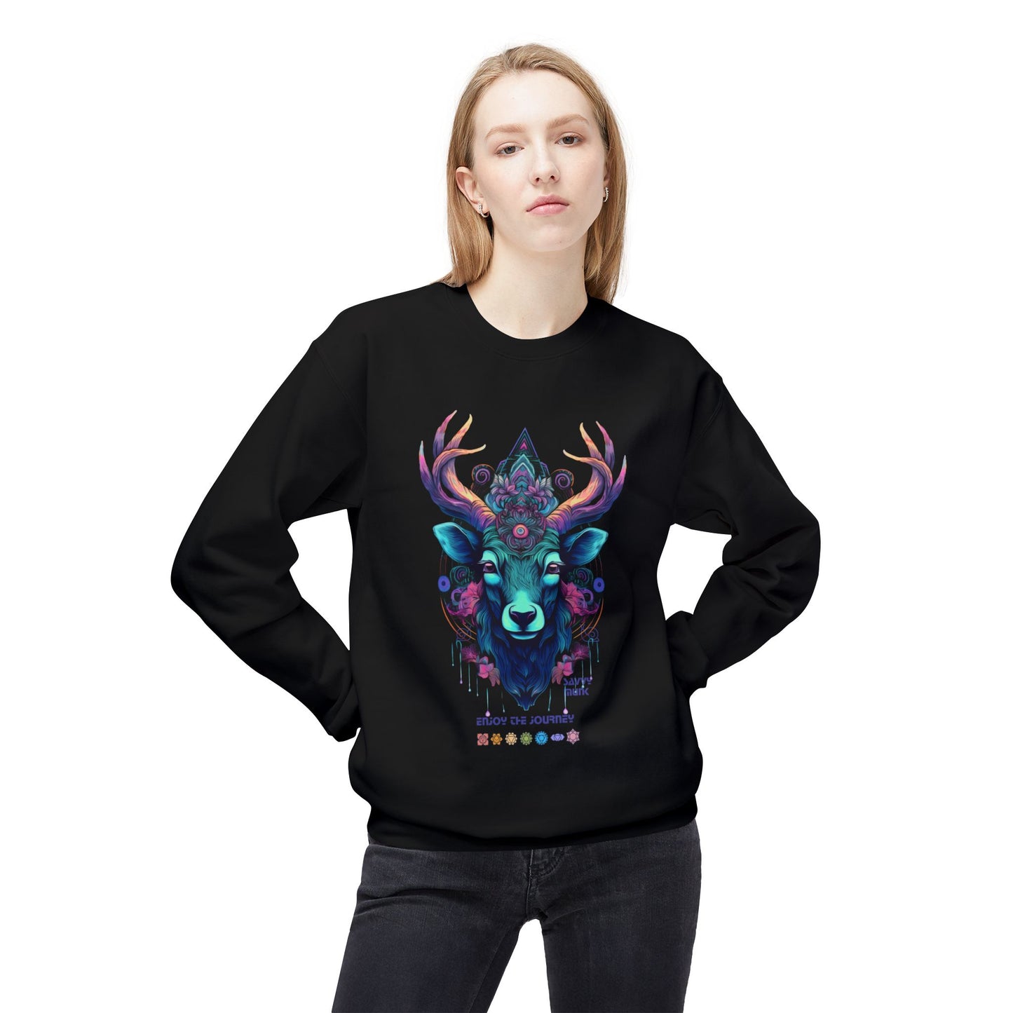 Tranquility Deer - Unisex Fleece Crewneck Sweatshirt, Bohemian Style, Cozy Gift, Nature Lover Apparel, Fall Fashion, Art Sweatshirt