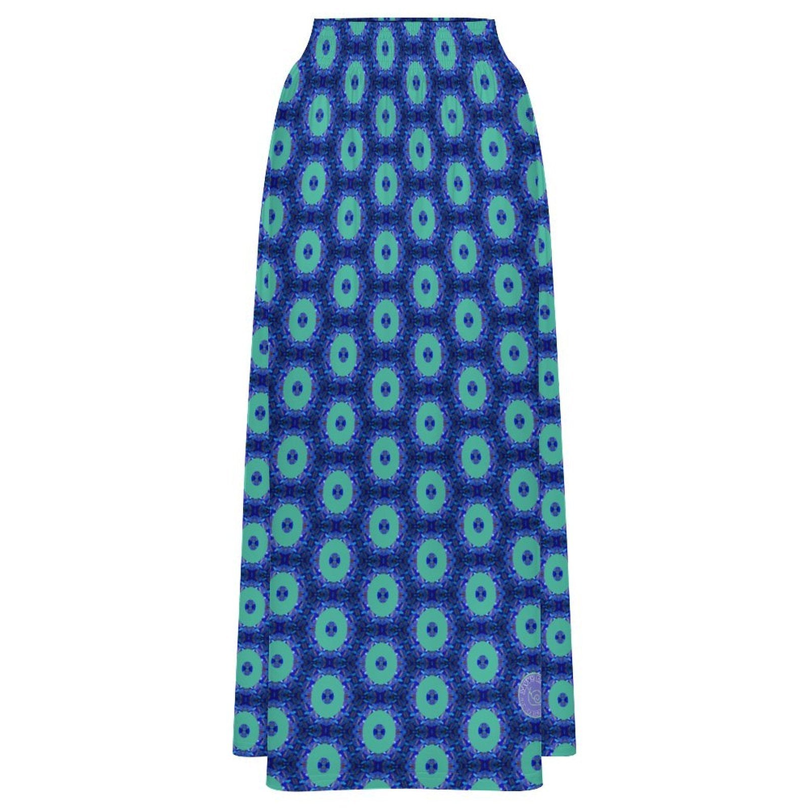 Model wearing the Savvy Munk Donut Remix - High Waist Maxi Skirt, highlighting the bold graphic print and relaxed festival-ready fit in a lifestyle setting.