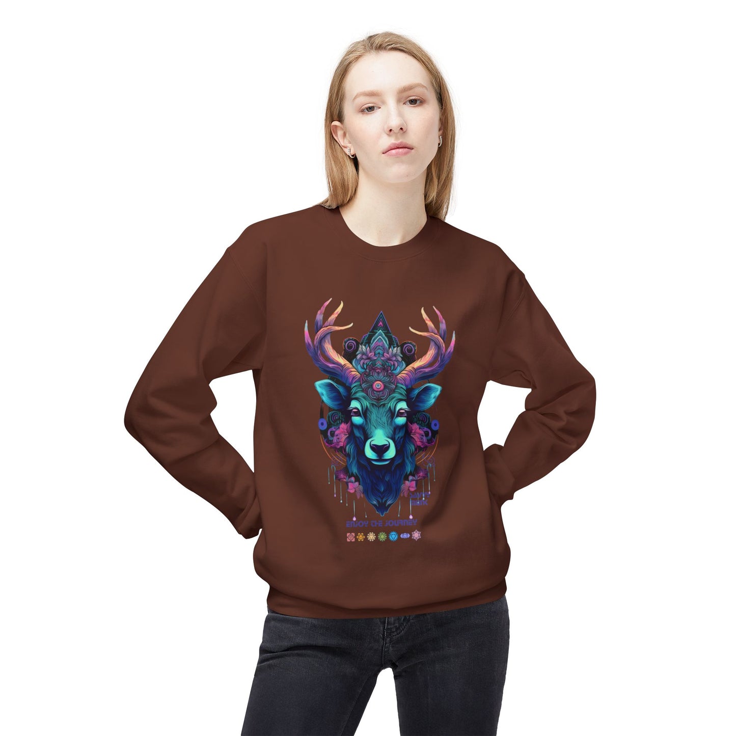 Tranquility Deer - Unisex Fleece Crewneck Sweatshirt, Bohemian Style, Cozy Gift, Nature Lover Apparel, Fall Fashion, Art Sweatshirt