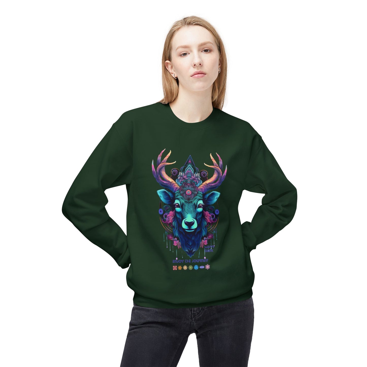 Tranquility Deer - Unisex Fleece Crewneck Sweatshirt, Bohemian Style, Cozy Gift, Nature Lover Apparel, Fall Fashion, Art Sweatshirt