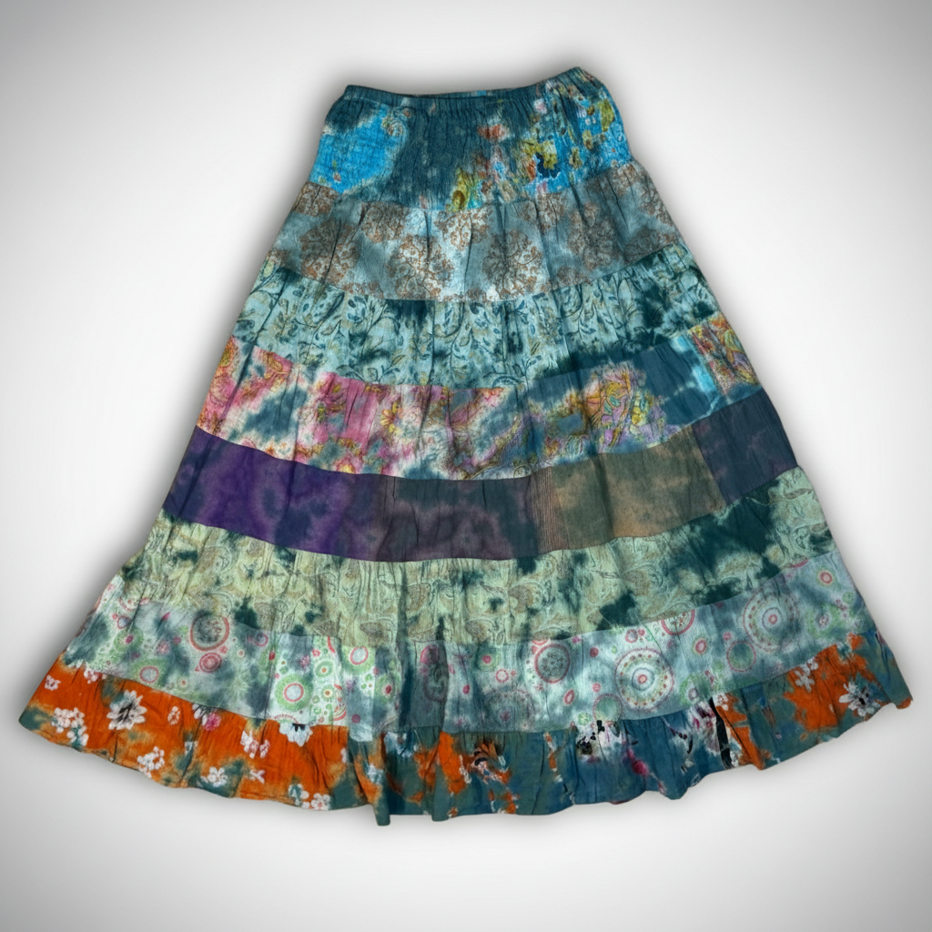 Savvy Munk Prism Flow Tiered Boho Maxi Skirt displayed flat, highlighting vibrant handcrafted batik, tie-dye, and patchwork patterns on 100% artisan cotton from Nepal.