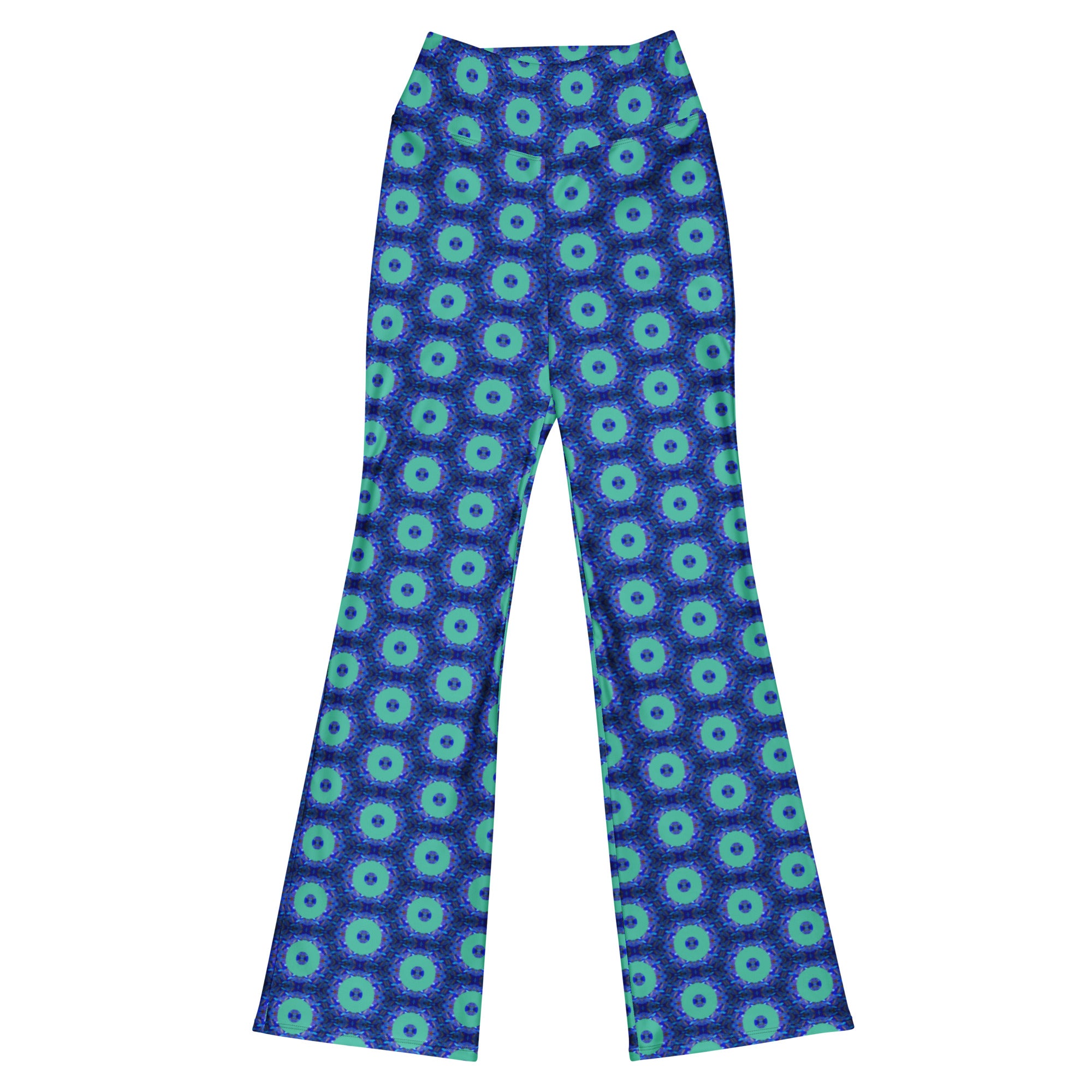 Savvy Munk Donut Remix - Flare Leggings displayed flat, showcasing the full all-over graphic print design on premium fabric.