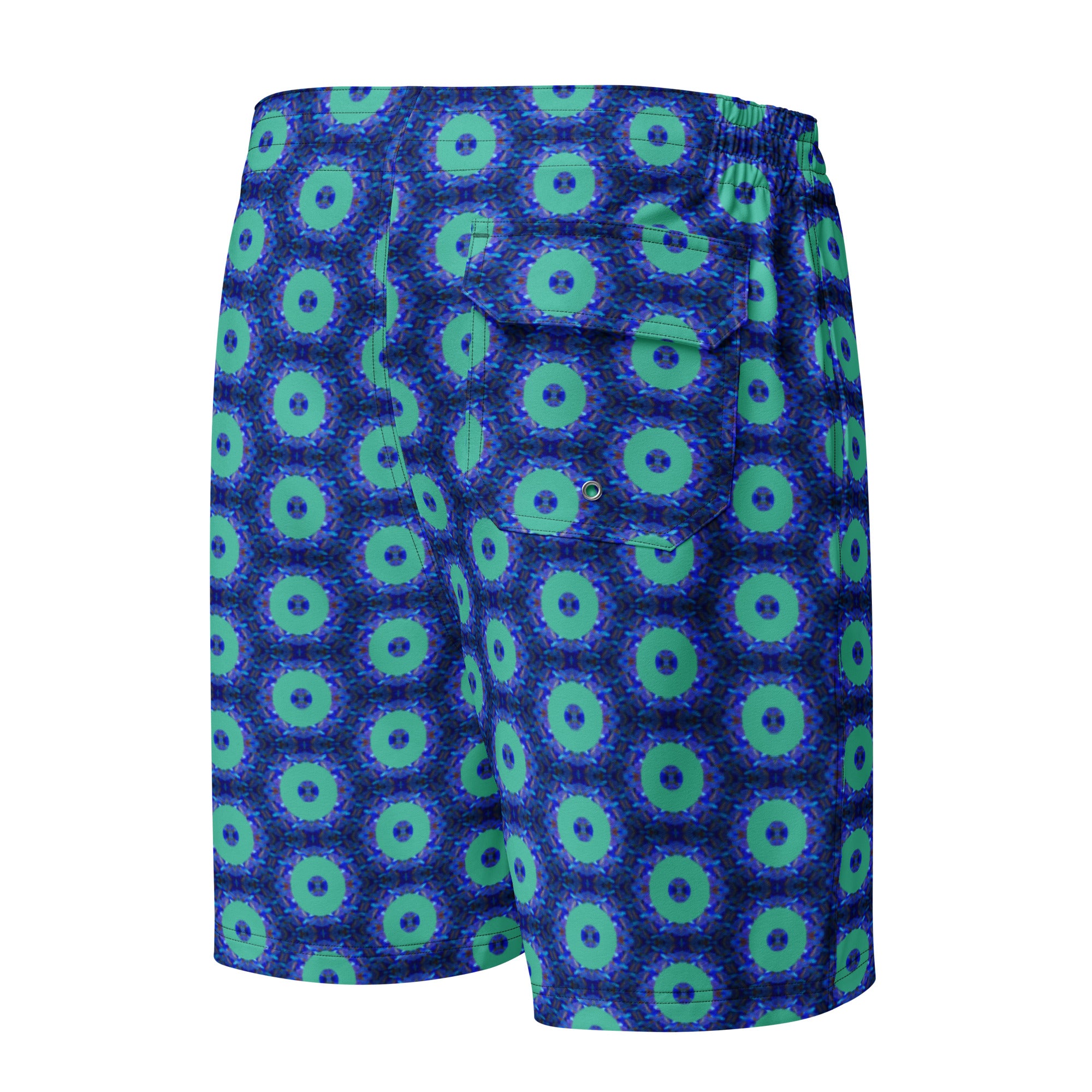 Model wearing the Savvy Munk Donut Remix - Men's Board Shorts, highlighting the bold graphic print and relaxed festival-ready fit in a lifestyle setting.