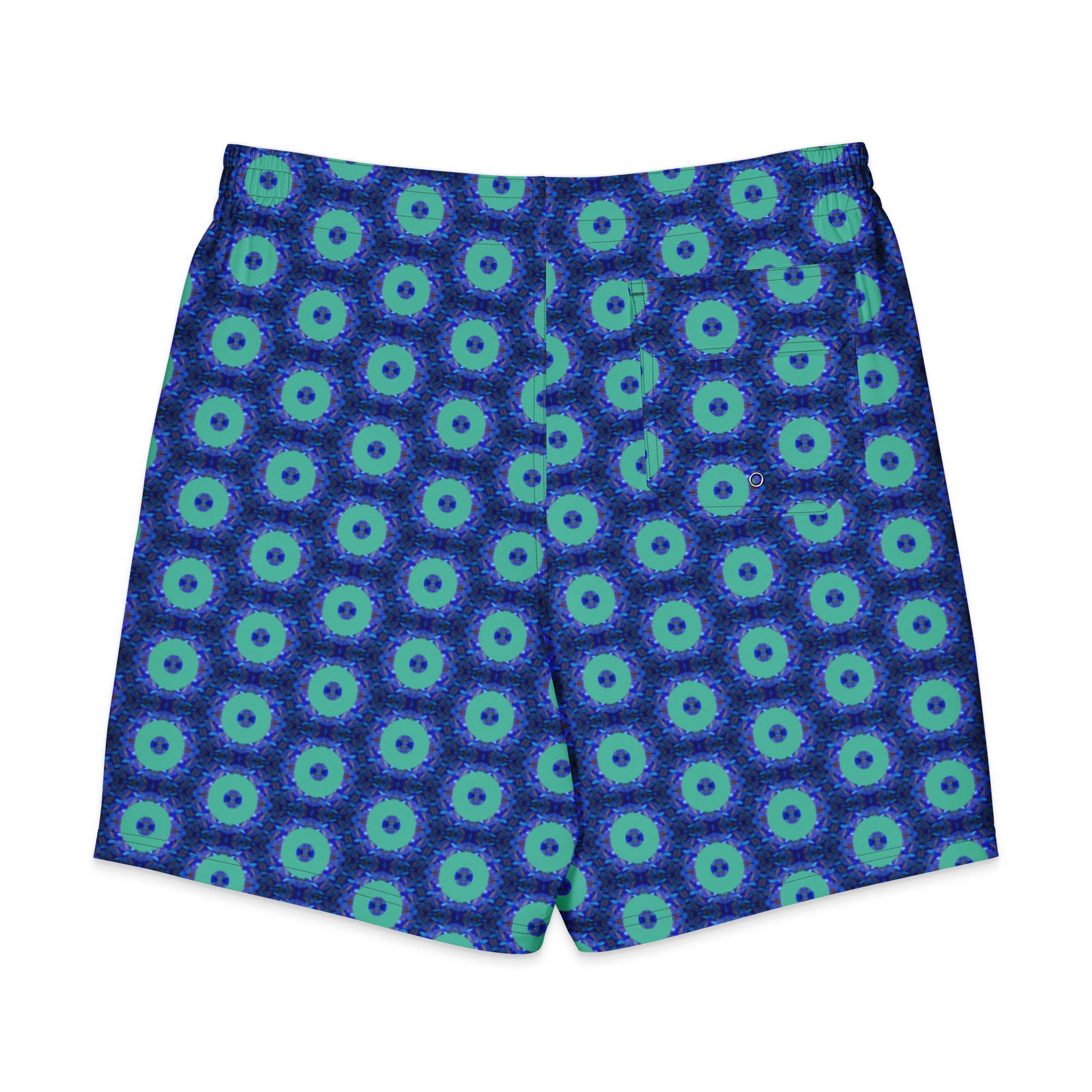 Model wearing the Savvy Munk Donut Remix - Men's Board Shorts, highlighting the bold graphic print and relaxed festival-ready fit in a lifestyle setting.