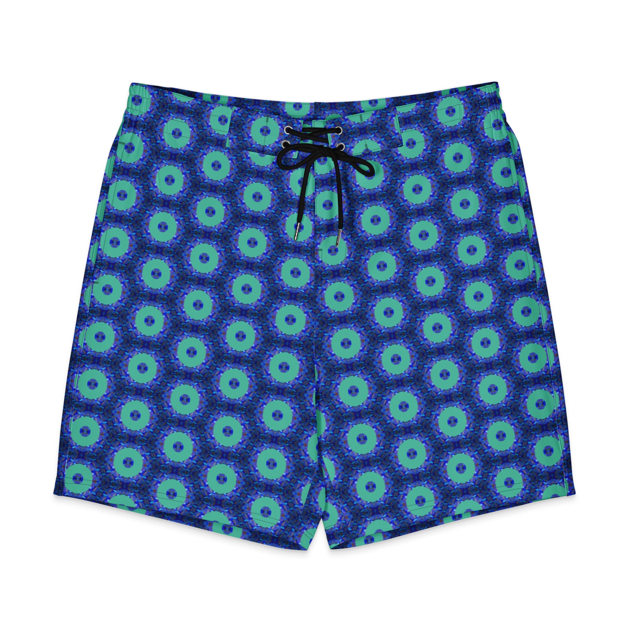 Savvy Munk Donut Remix - Men's Board Shorts displayed flat, showcasing the full all-over graphic print design on premium fabric.