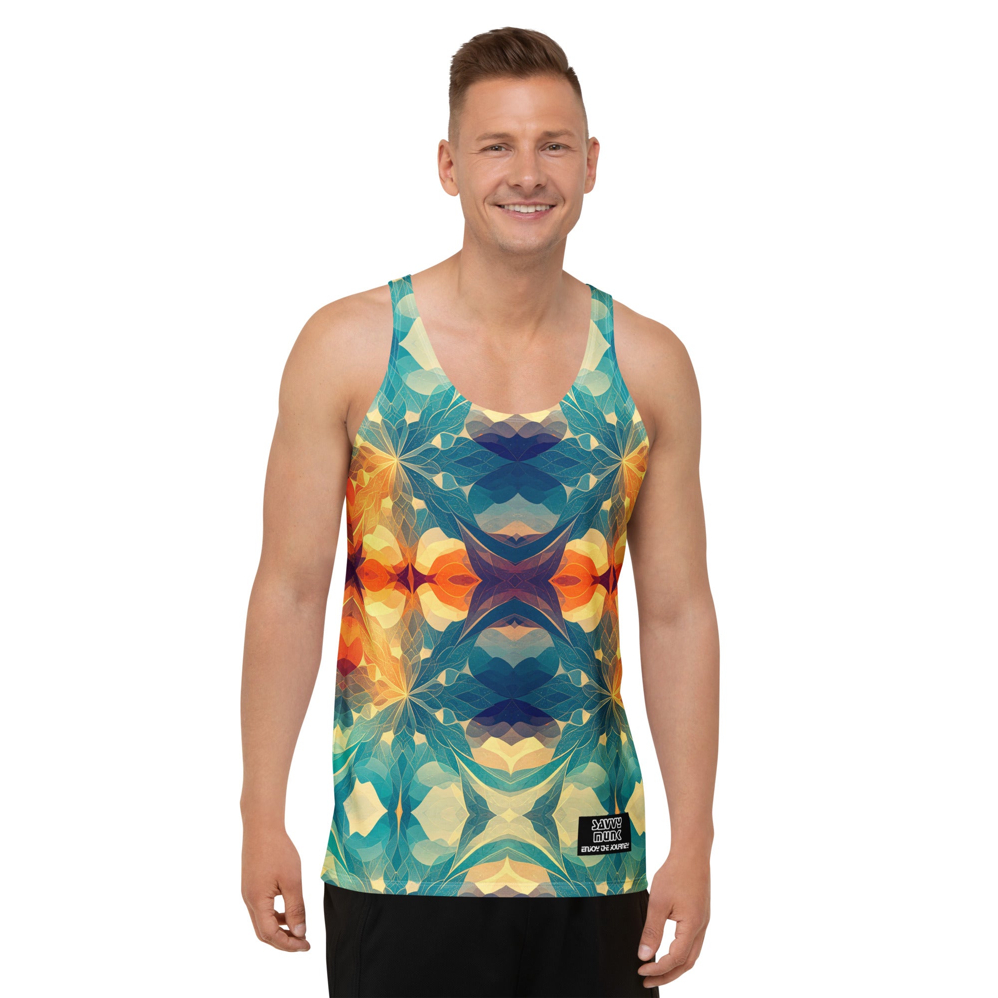 Model wearing the Savvy Munk Flowing Flower - Tank Top, highlighting the bold graphic print and relaxed festival-ready fit in a lifestyle setting.