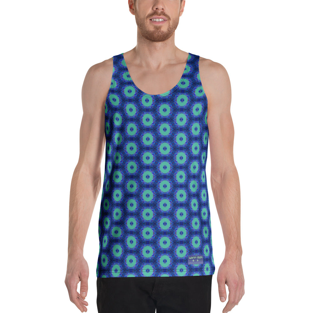 Model wearing the Savvy Munk Donut Remix - Unisex Tank Top, highlighting the bold graphic print and relaxed festival-ready fit in a lifestyle setting.