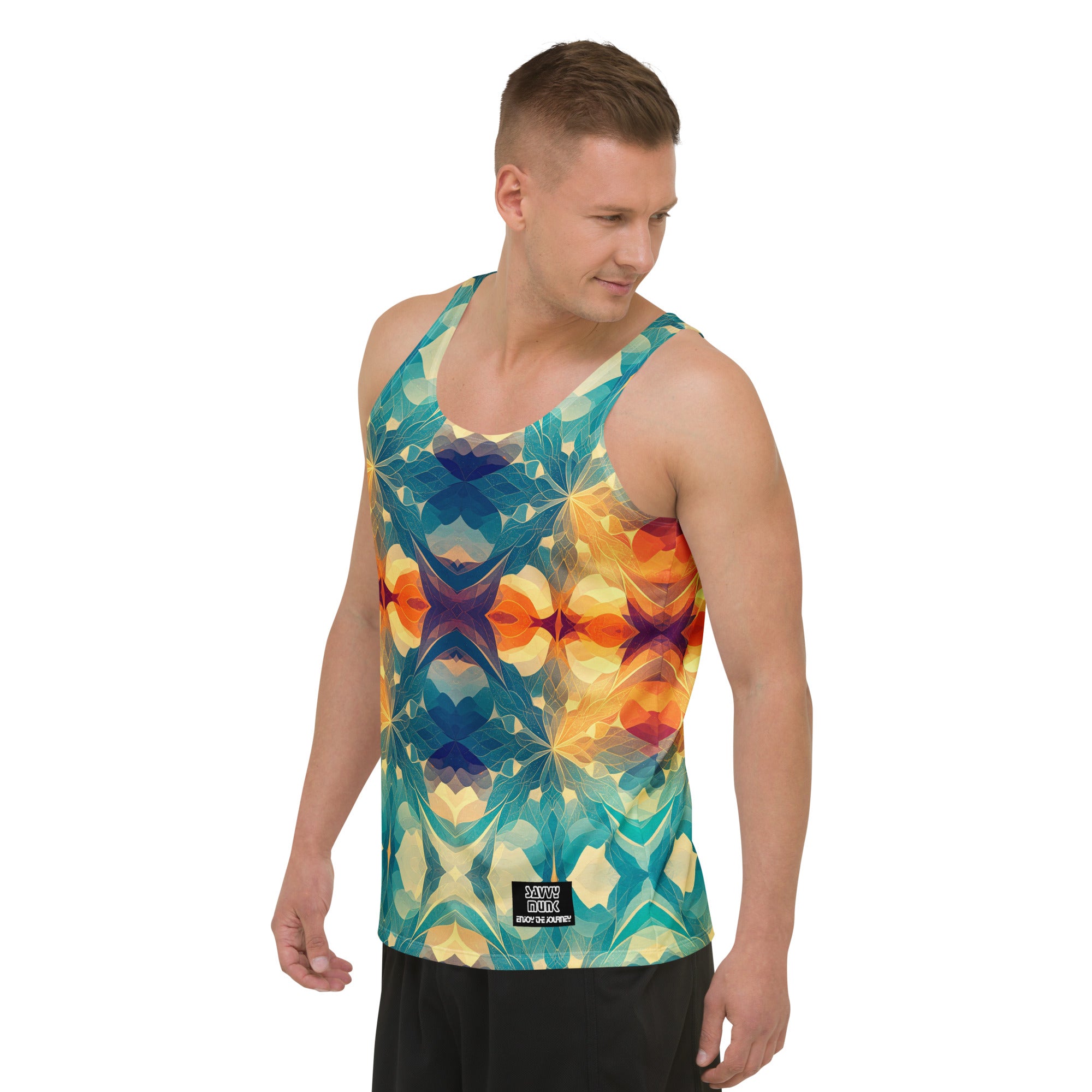 Model wearing the Savvy Munk Flowing Flower - Tank Top, highlighting the bold graphic print and relaxed festival-ready fit in a lifestyle setting.