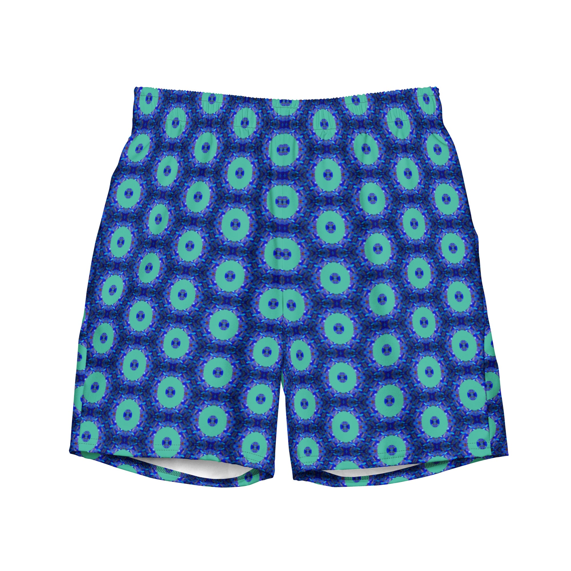Savvy Munk Donut Remix - Recycled Swim Trunks displayed flat, showcasing the full all-over graphic print design on premium fabric.