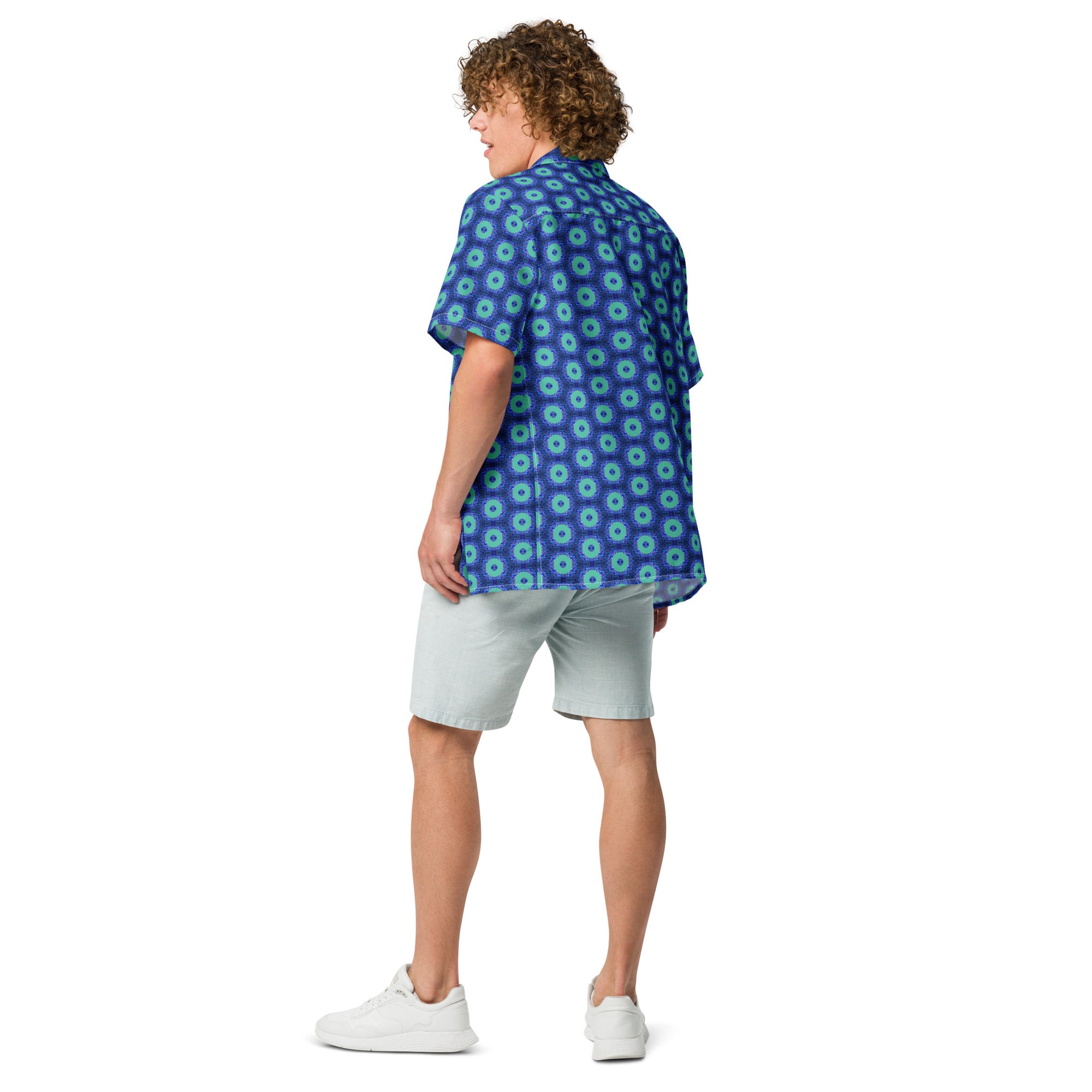 Model wearing the Savvy Munk Donut Remix - Button-Up Shirt, highlighting the bold graphic print and relaxed festival-ready fit in a lifestyle setting.