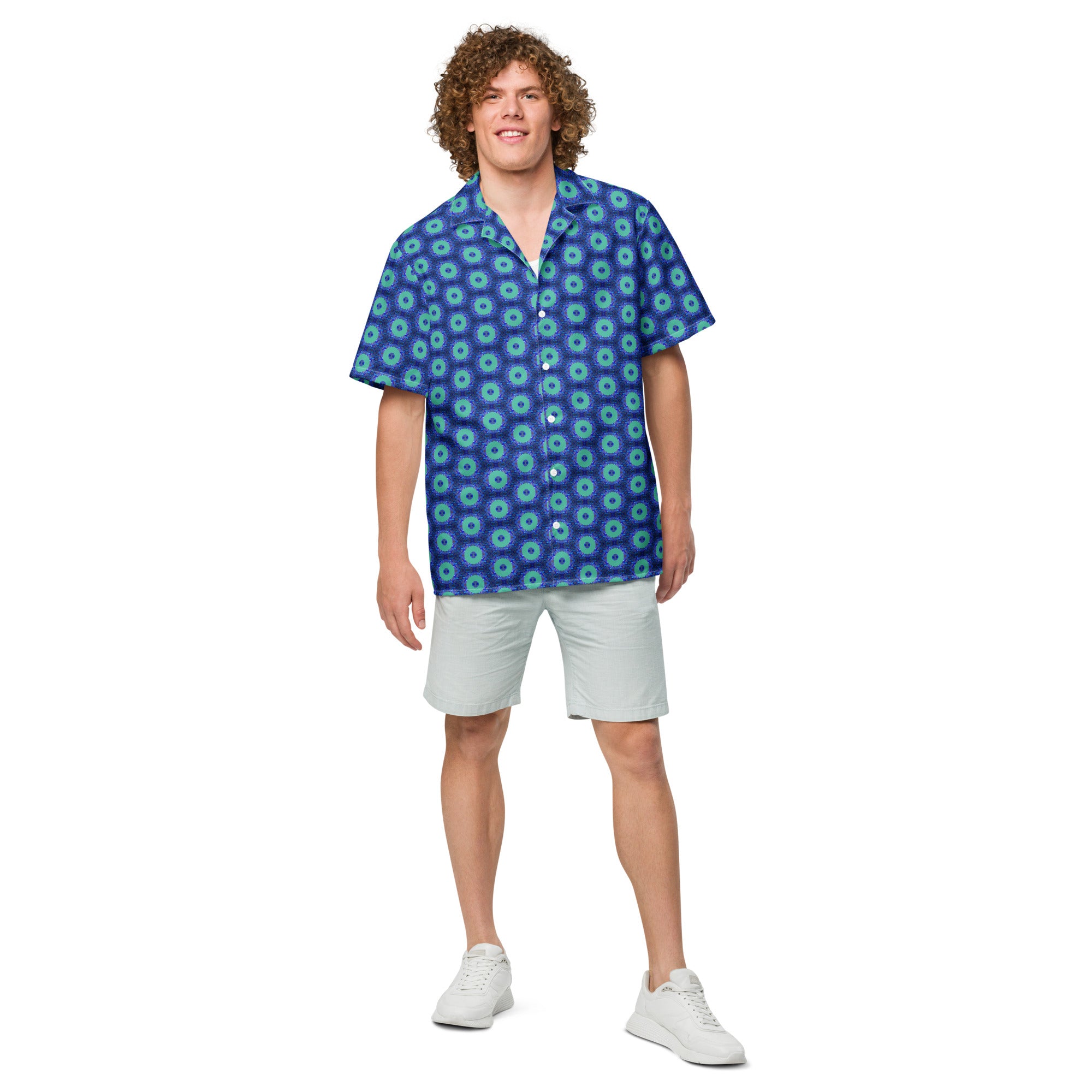 Model wearing the Savvy Munk Donut Remix - Button-Up Shirt, highlighting the bold graphic print and relaxed festival-ready fit in a lifestyle setting.