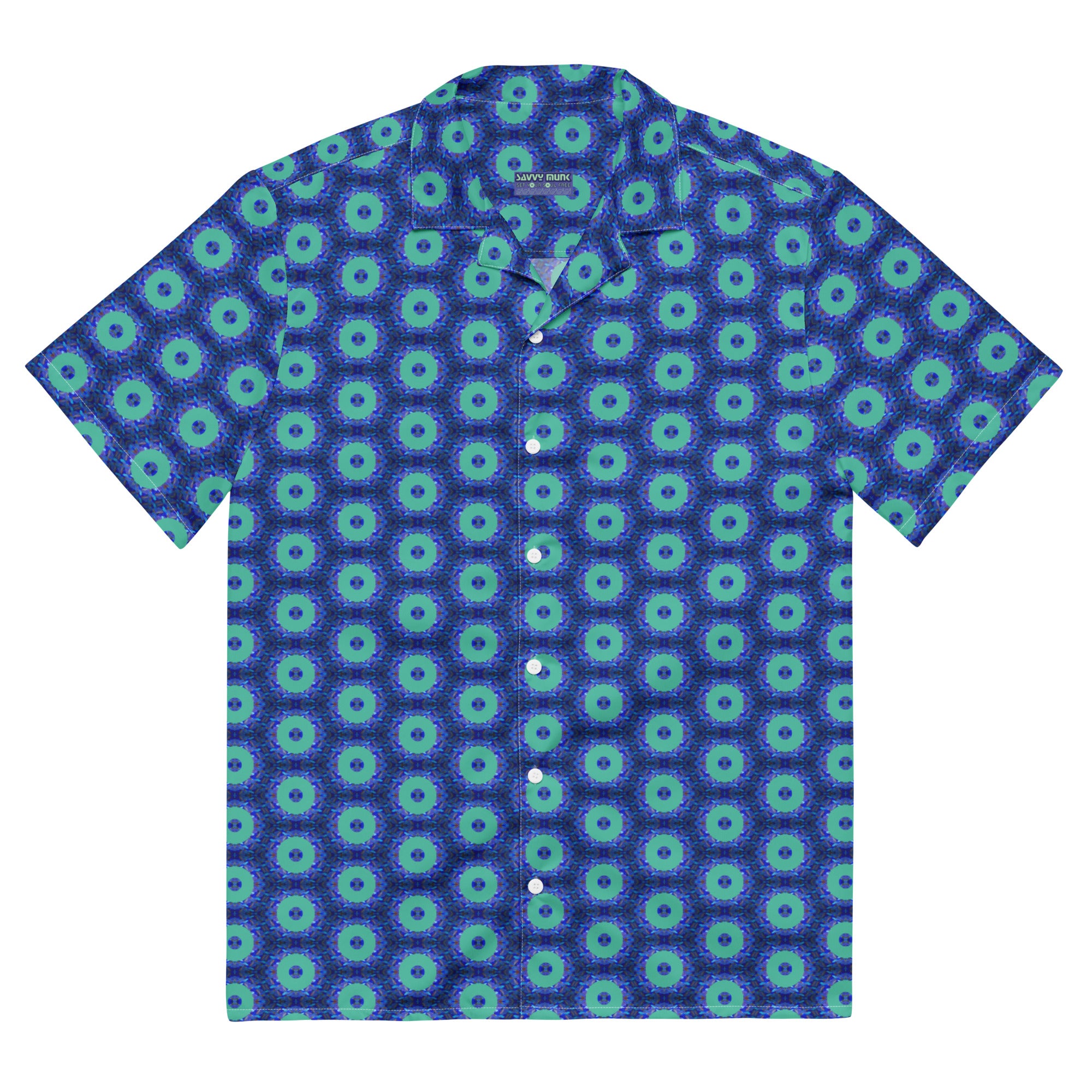 Savvy Munk Donut Remix - Button-Up Shirt displayed flat, showcasing the full all-over graphic print design on premium fabric.