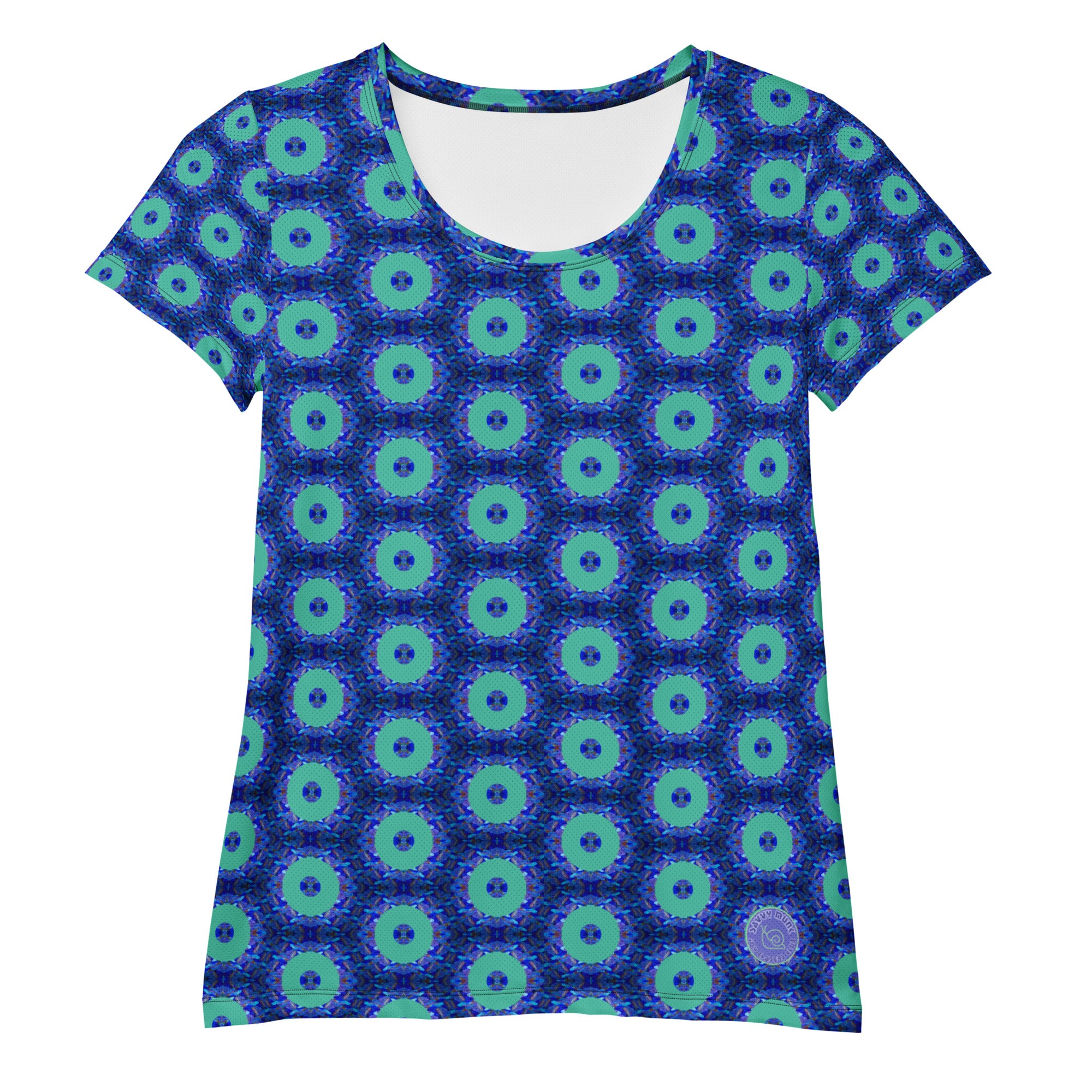 Savvy Munk Donut Remix - Women's Athletic T-Shirt displayed flat, showcasing the full all-over graphic print design on premium fabric.