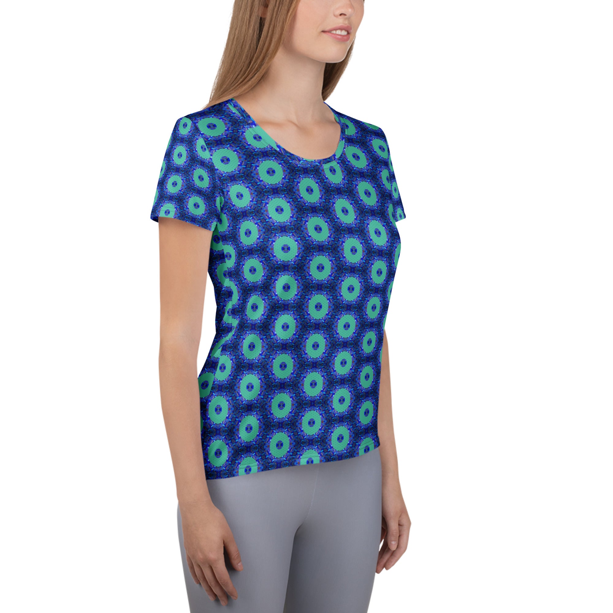 Model wearing the Savvy Munk Donut Remix - Women's Athletic T-Shirt, highlighting the bold graphic print and relaxed festival-ready fit in a lifestyle setting.