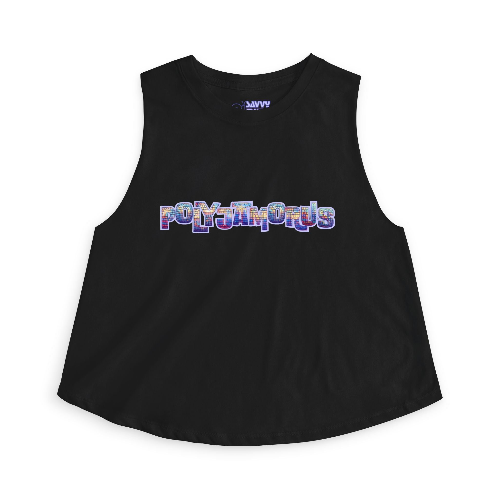 Savvy Munk POLYJAMORUS Women's Crop Top displayed flat, showcasing the all-over graphic print design on soft premium fabric.
