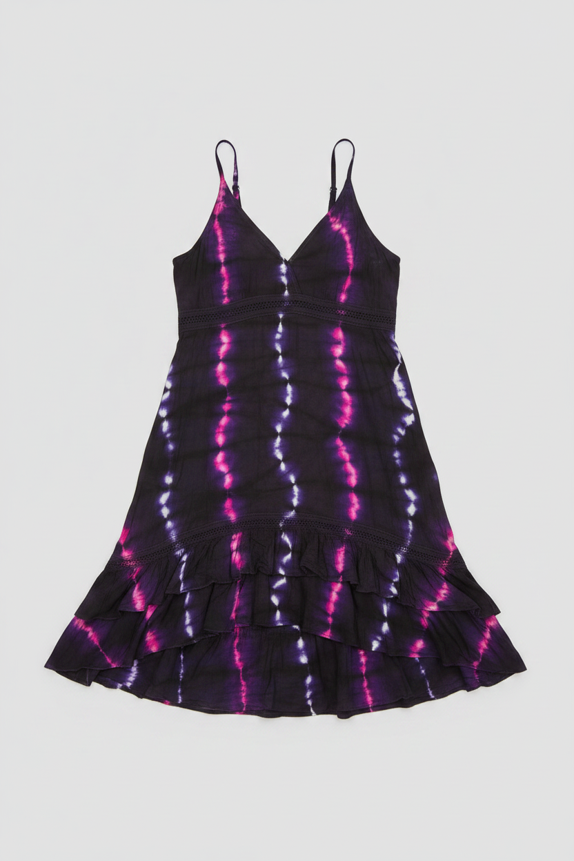 Savvy Munk Electric Orchid Tiered Maxi Dress featuring a black, blue, and hot pink tie-dye pattern on a tiered skirt and bodice with spaghetti straps.