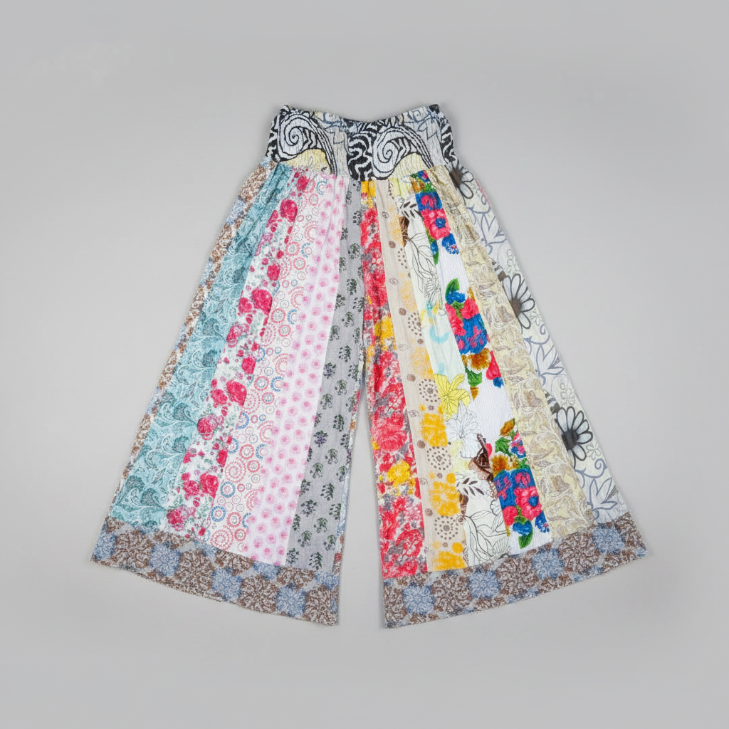 Savvy Munk Meadows of Nepal Palazzo Pants featuring colorful floral and batik patchwork patterns in a wide-leg flare silhouette.