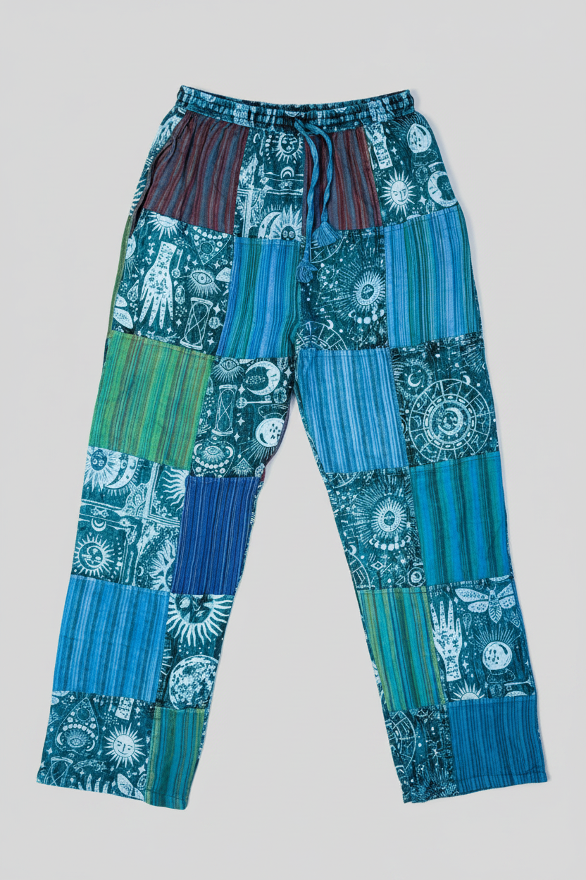 Savvy Munk Mystic Moon Teal Celestial Patchwork Pants featuring teal, blue, and navy patchwork patterns with celestial sun, moon, and eye graphics