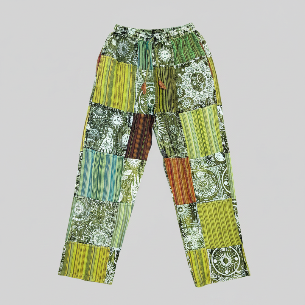 Savvy Munk Sage Sunburst Patchwork Drawstring Pants displayed flat, highlighting vibrant handcrafted batik, tie-dye, and patchwork patterns on 100% artisan cotton from Nepal.