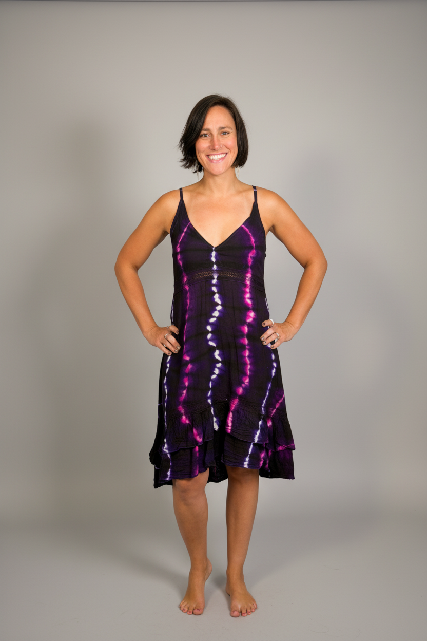 Model modeling the Savvy Munk Electric Orchid Tiered Maxi Dress, a sleeveless V-neck dress with a striking black, blue, and hot pink tie-dye pattern. She is standing barefoot on a neutral-toned wood floor against a plain light gray wall in a studio setting