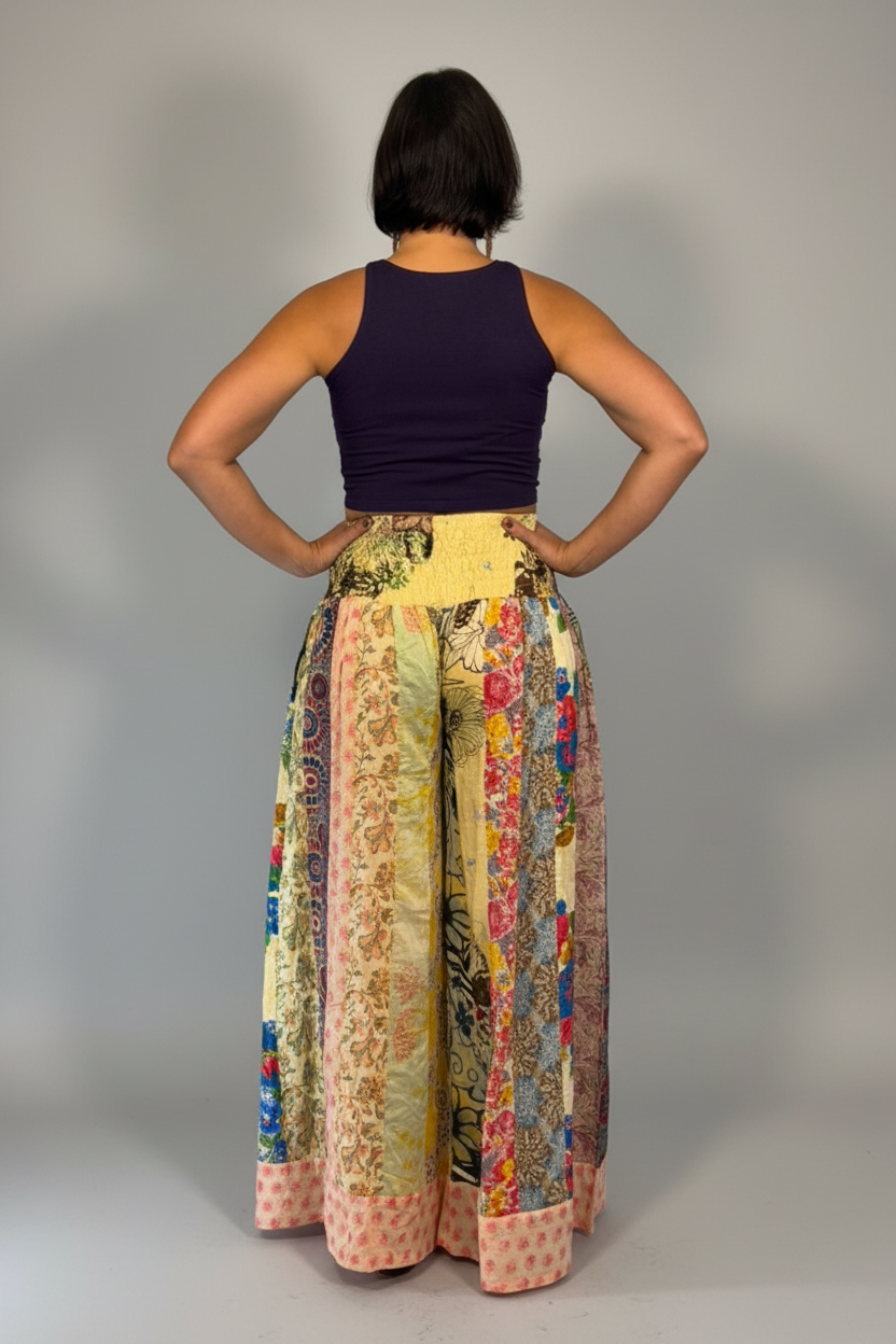 Savvy Munk Model April wearing Wildflower Wanderer Patchwork Palazzo Pants Rear View