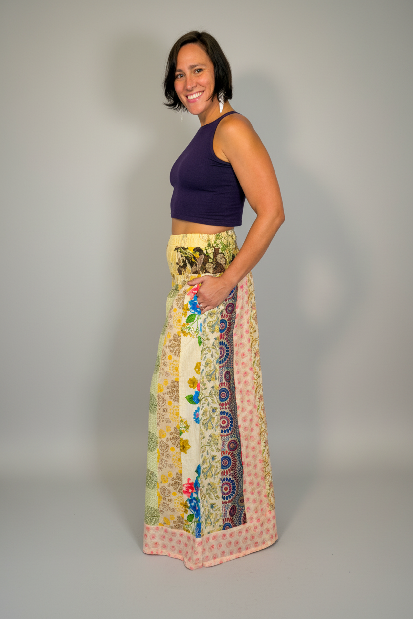Savvy Munk Model April wearing Wildflower Wanderer Patchwork Palazzo Pants 