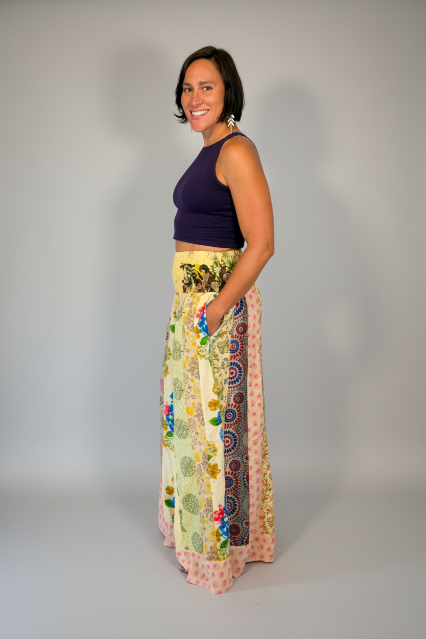Savvy Munk Model April wearing Wildflower Wanderer Patchwork Palazzo Pants Front View