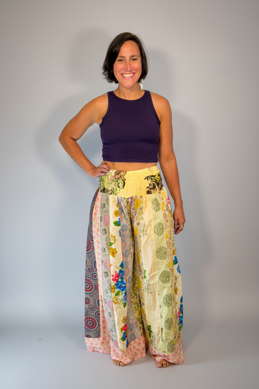 Savvy Munk Model April wearing Wildflower Wanderer Patchwork Palazzo Pants 