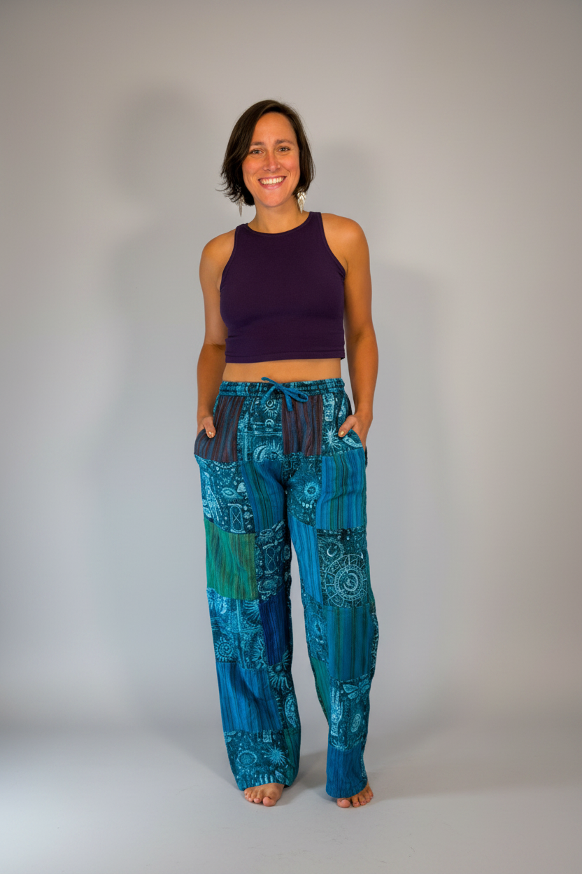 Model wearing Savvy Munk Mystic Moon Teal Celestial Patchwork Pants paired with a dark purple crop top against a neutral studio backdrop