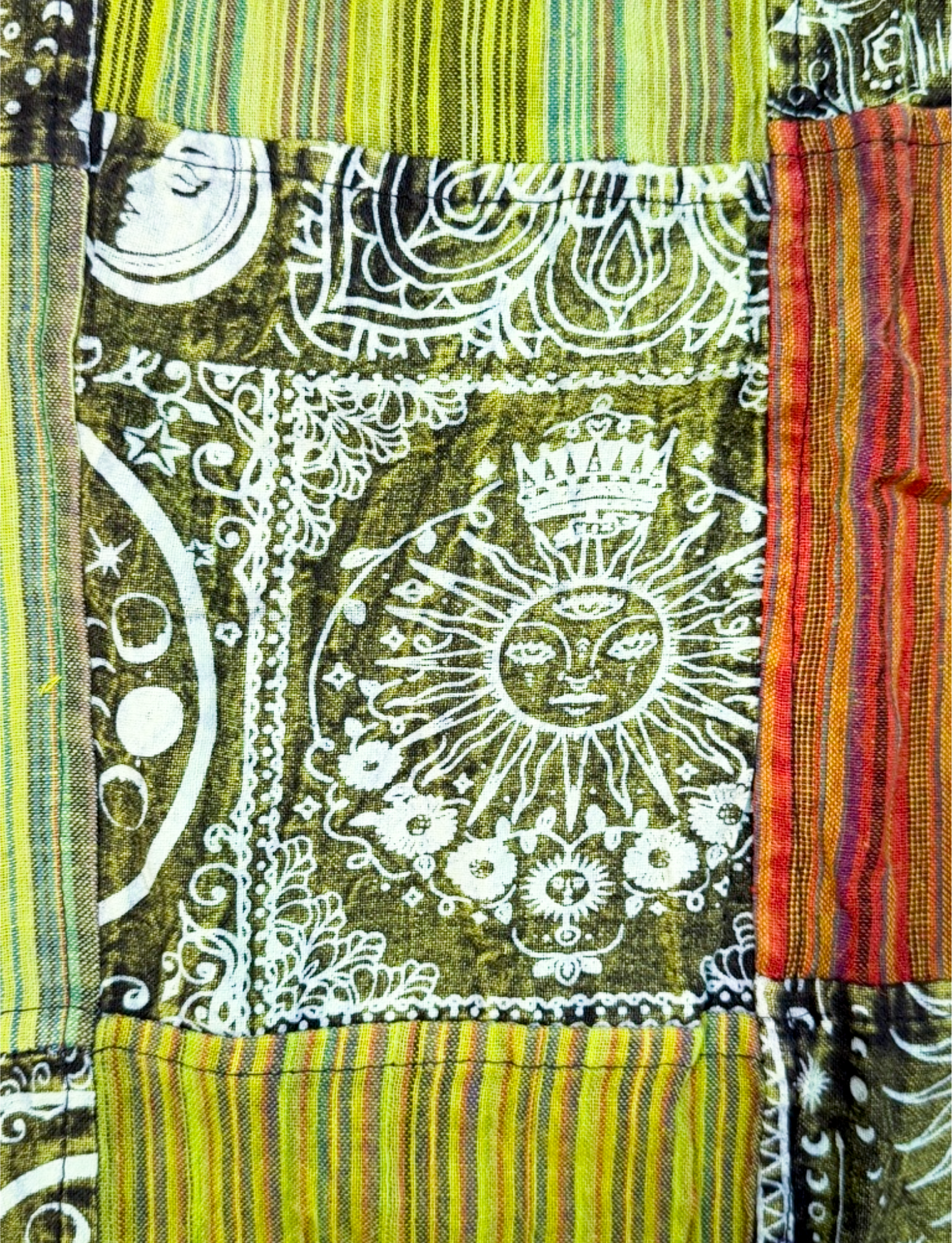 Savvy Munk Sage Sunburst Patchwork Drawstring Pants Pocket Art Close up