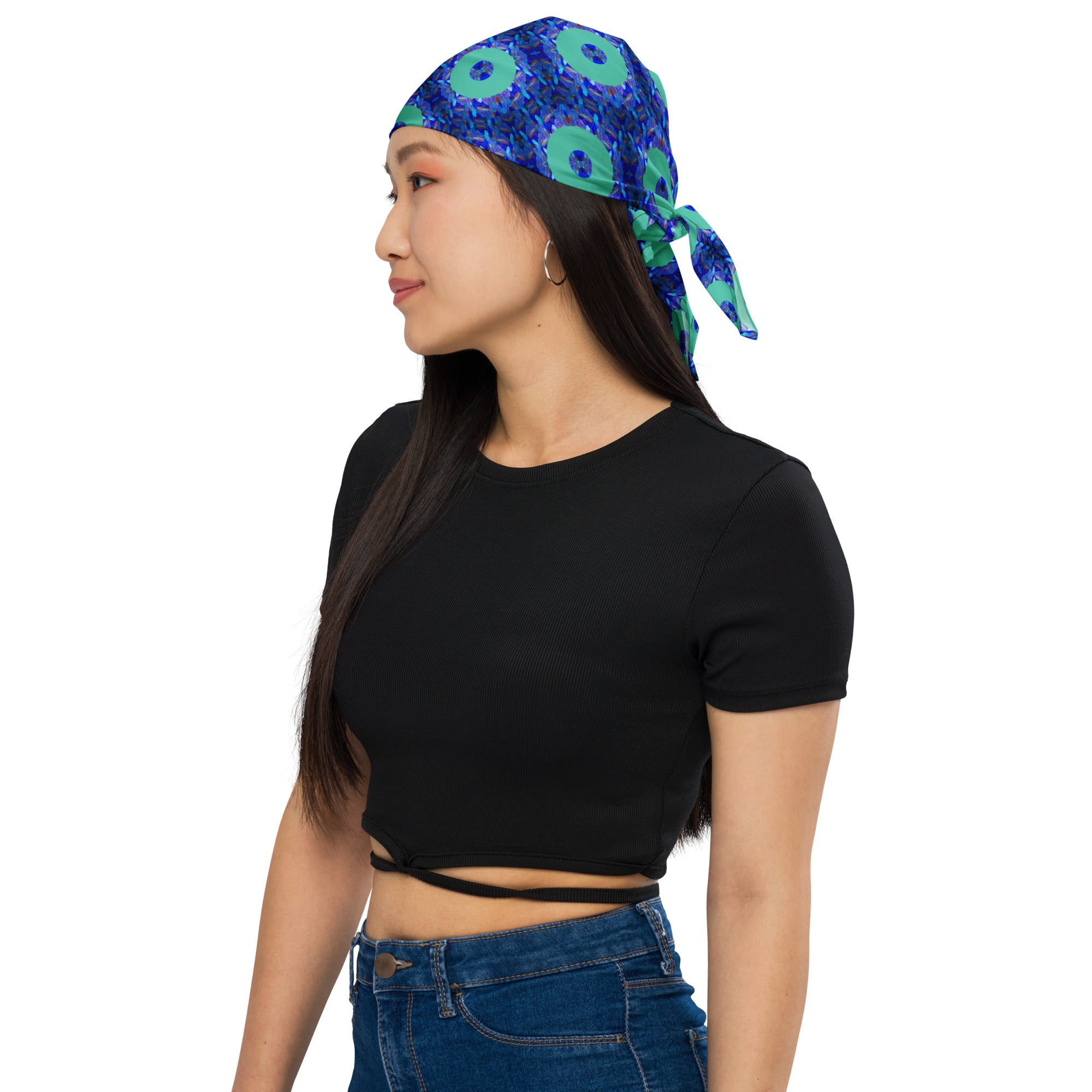 Model wearing the Savvy Munk Donut Remix - All-Over Print Bandana, highlighting the bold graphic print and relaxed festival-ready fit in a lifestyle setting.
