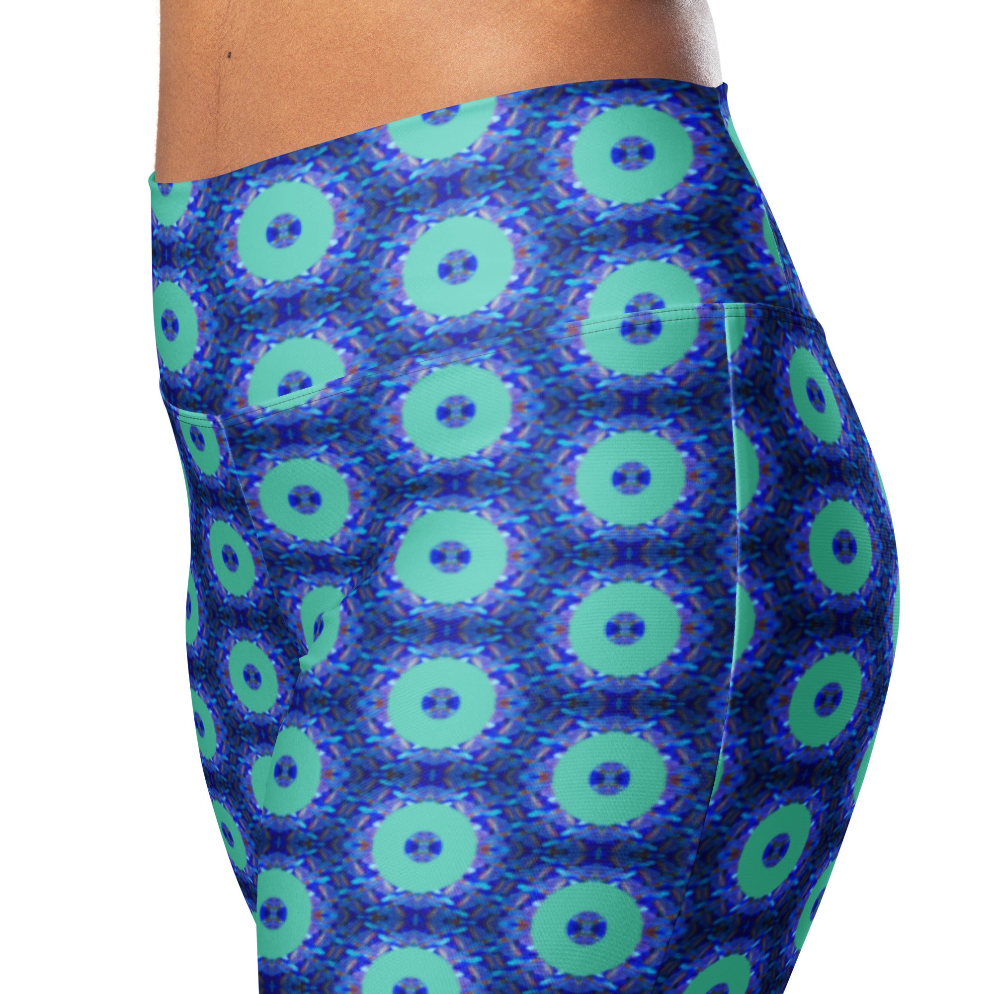 Model wearing the Savvy Munk Donut Remix - Flare Leggings, highlighting the bold graphic print and relaxed festival-ready fit in a lifestyle setting.