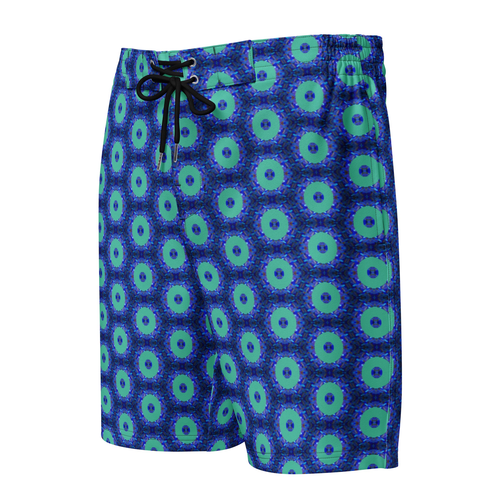 Model wearing the Savvy Munk Donut Remix - Men's Board Shorts, highlighting the bold graphic print and relaxed festival-ready fit in a lifestyle setting.