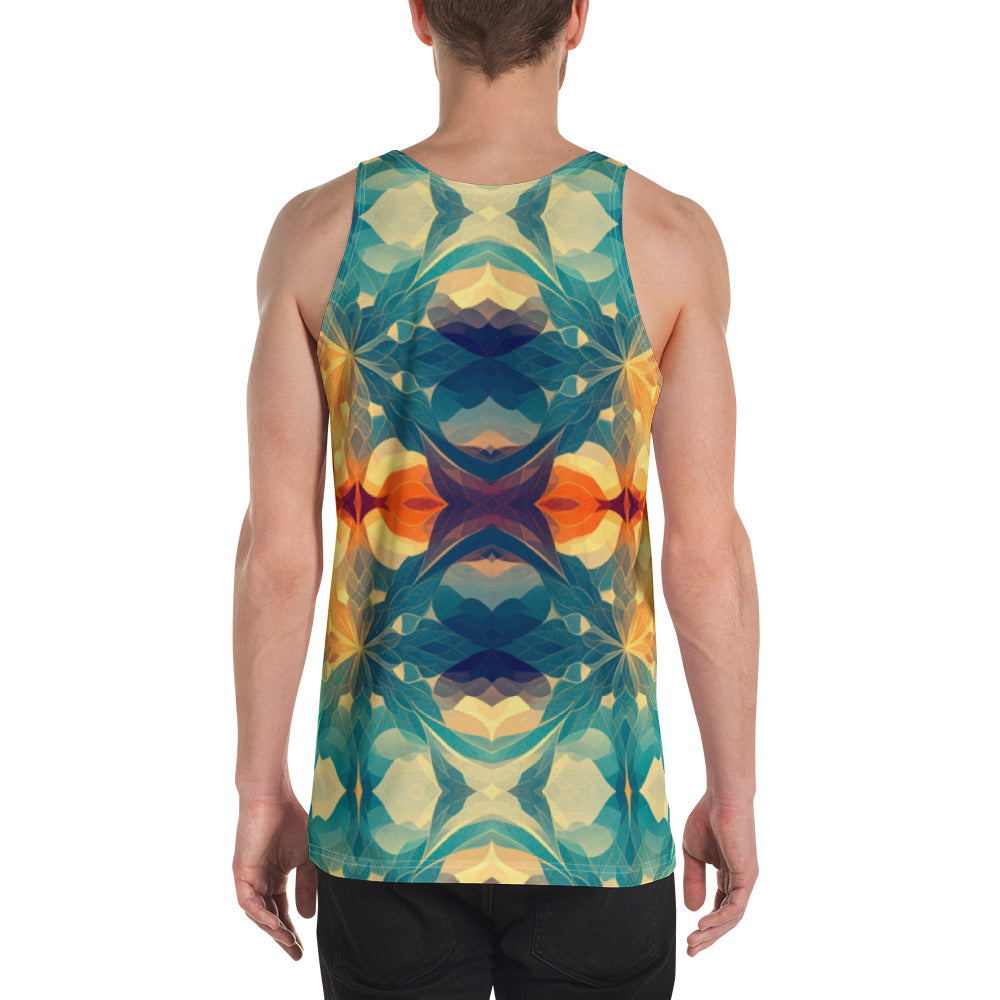 Model wearing the Savvy Munk Flowing Flower - Tank Top, highlighting the bold graphic print and relaxed festival-ready fit in a lifestyle setting.