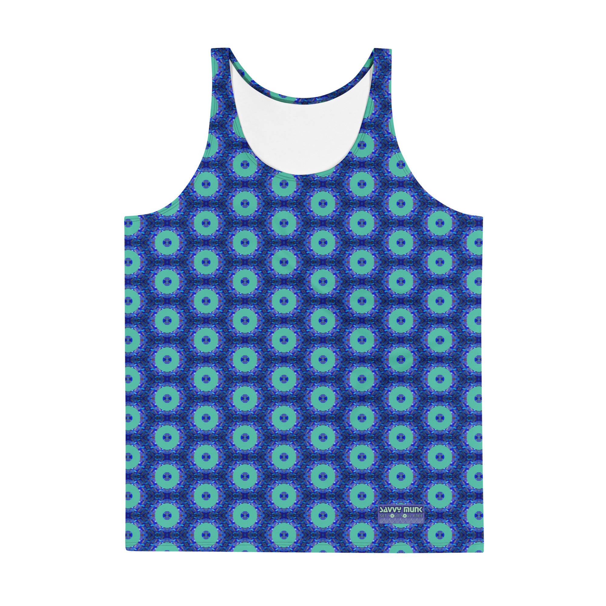 Savvy Munk Donut Remix - Unisex Tank Top displayed flat, showcasing the full all-over graphic print design on premium fabric.