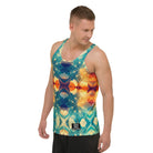 Model wearing the Savvy Munk Flowing Flower - Tank Top, highlighting the bold graphic print and relaxed festival-ready fit in a lifestyle setting.