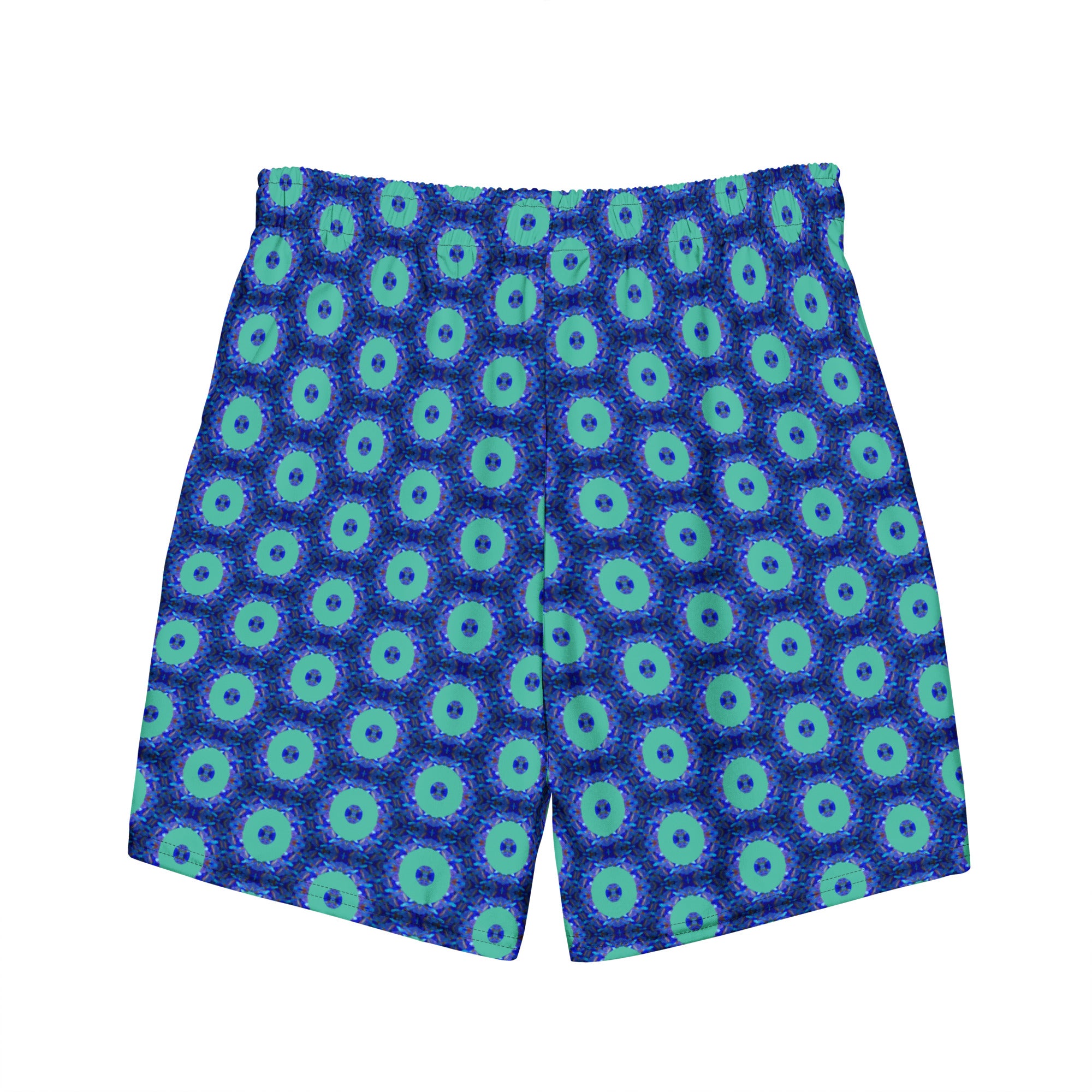 Model wearing the Savvy Munk Donut Remix - Recycled Swim Trunks, highlighting the bold graphic print and relaxed festival-ready fit in a lifestyle setting.