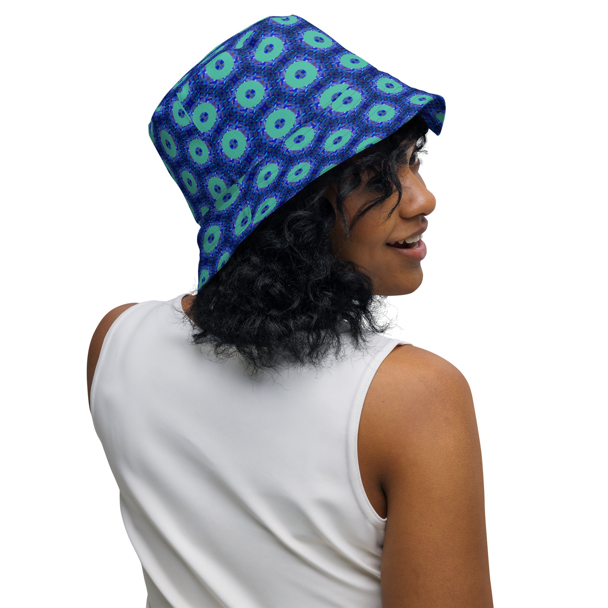 Model wearing the Savvy Munk Donut Remix - Reversible Bucket Hat, highlighting the bold graphic print and relaxed festival-ready fit in a lifestyle setting.