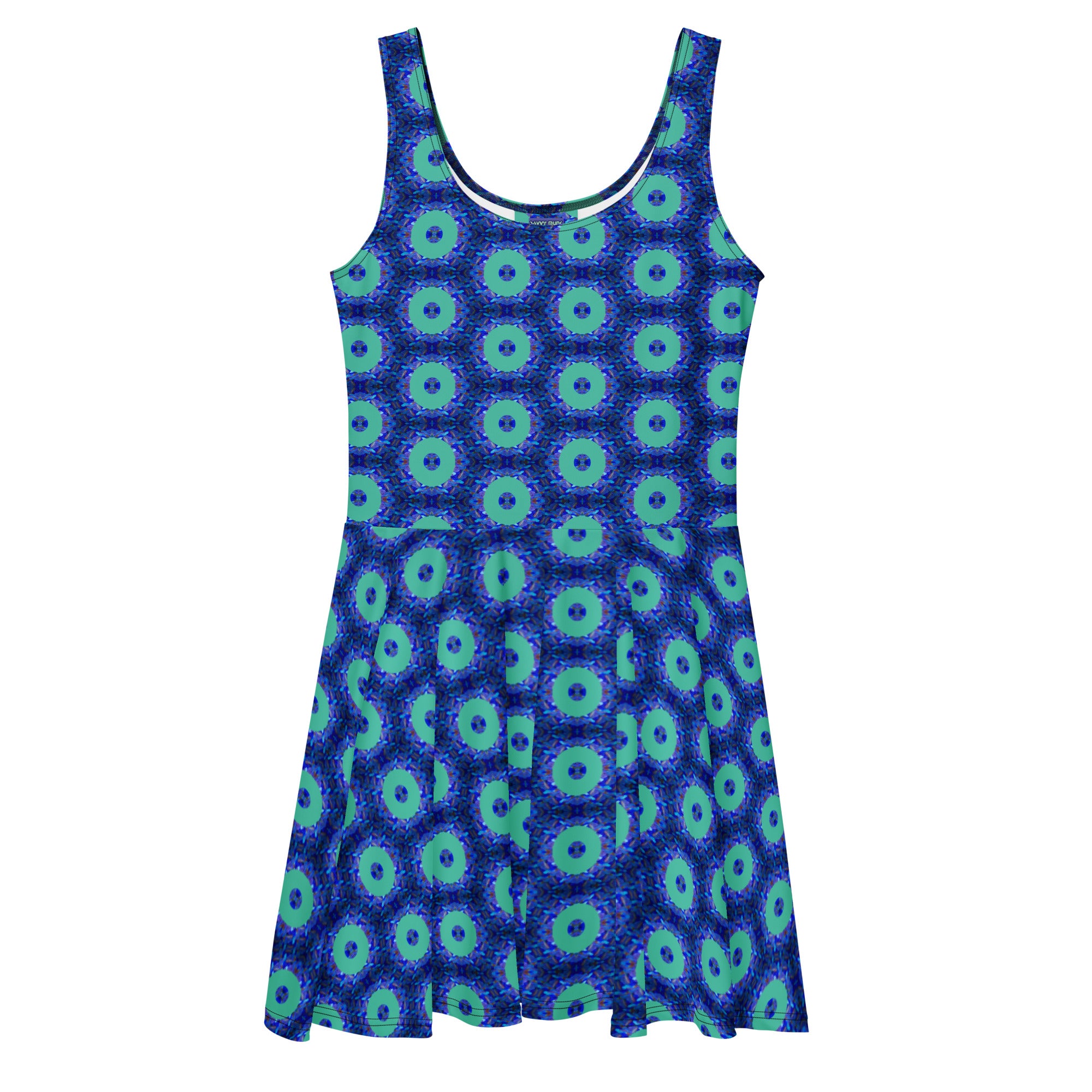 Savvy Munk Donut Remix - Skater Dress displayed flat, showcasing the full all-over graphic print design on premium fabric.