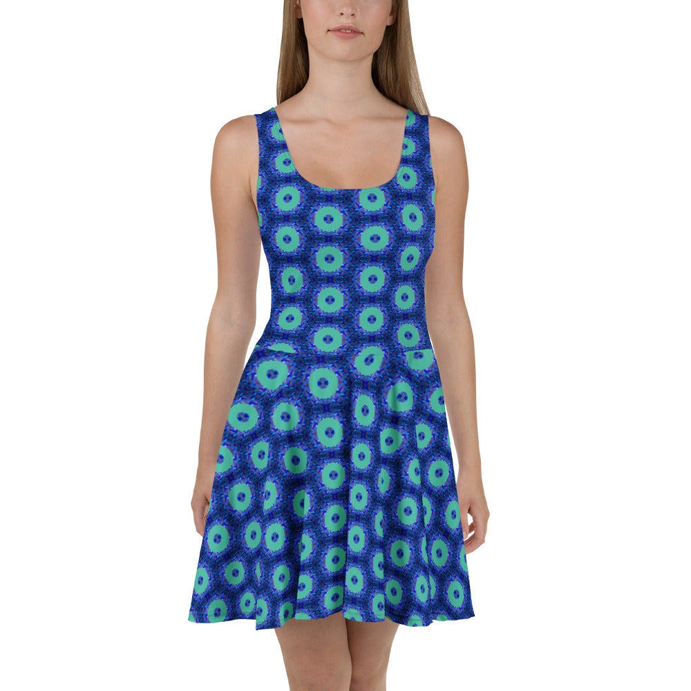 Model wearing the Savvy Munk Donut Remix - Skater Dress, highlighting the bold graphic print and relaxed festival-ready fit in a lifestyle setting.