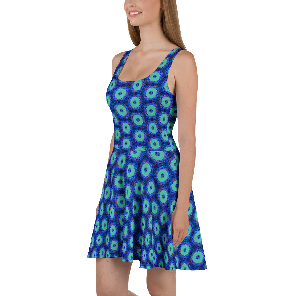 Model wearing the Savvy Munk Donut Remix - Skater Dress, highlighting the bold graphic print and relaxed festival-ready fit in a lifestyle setting.