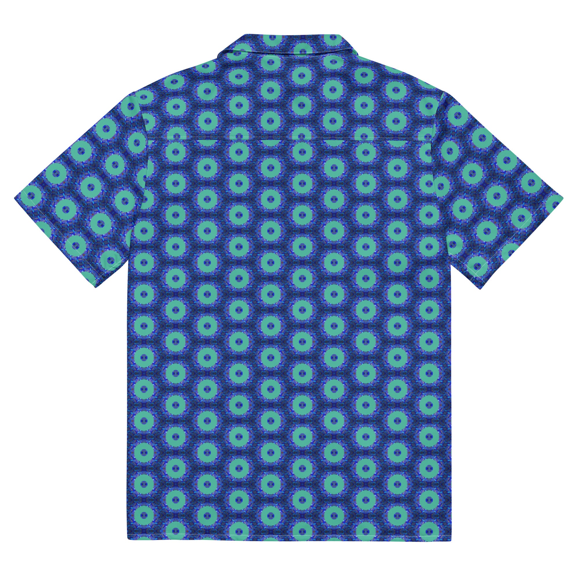 Model wearing the Savvy Munk Donut Remix - Button-Up Shirt, highlighting the bold graphic print and relaxed festival-ready fit in a lifestyle setting.