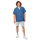 Model wearing the Savvy Munk Donut Remix - Button-Up Shirt, highlighting the bold graphic print and relaxed festival-ready fit in a lifestyle setting.