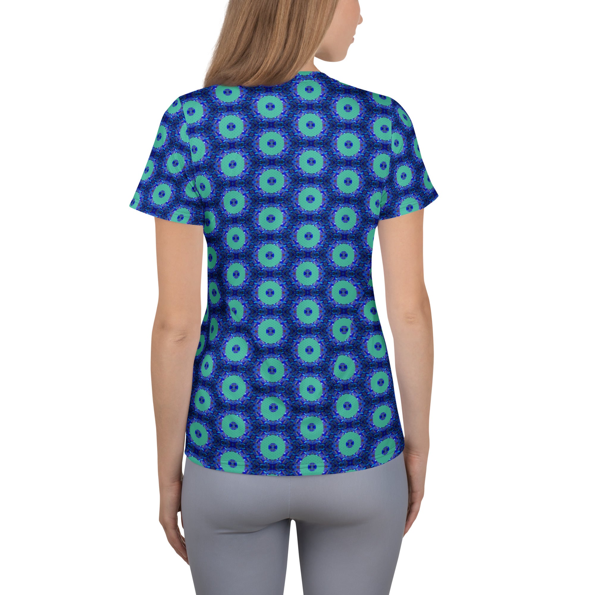 Model wearing the Savvy Munk Donut Remix - Women's Athletic T-Shirt, highlighting the bold graphic print and relaxed festival-ready fit in a lifestyle setting.