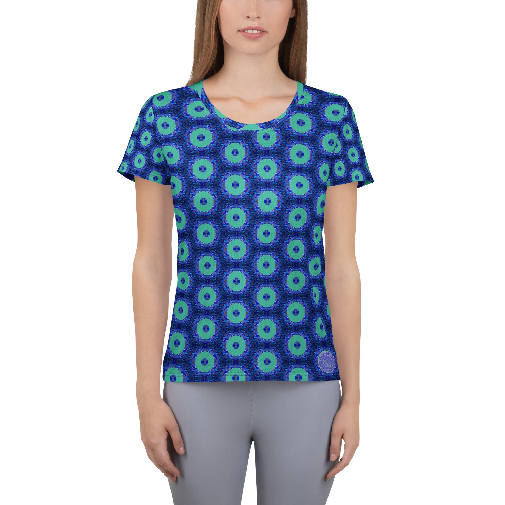 Model wearing the Savvy Munk Donut Remix - Women's Athletic T-Shirt, highlighting the bold graphic print and relaxed festival-ready fit in a lifestyle setting.