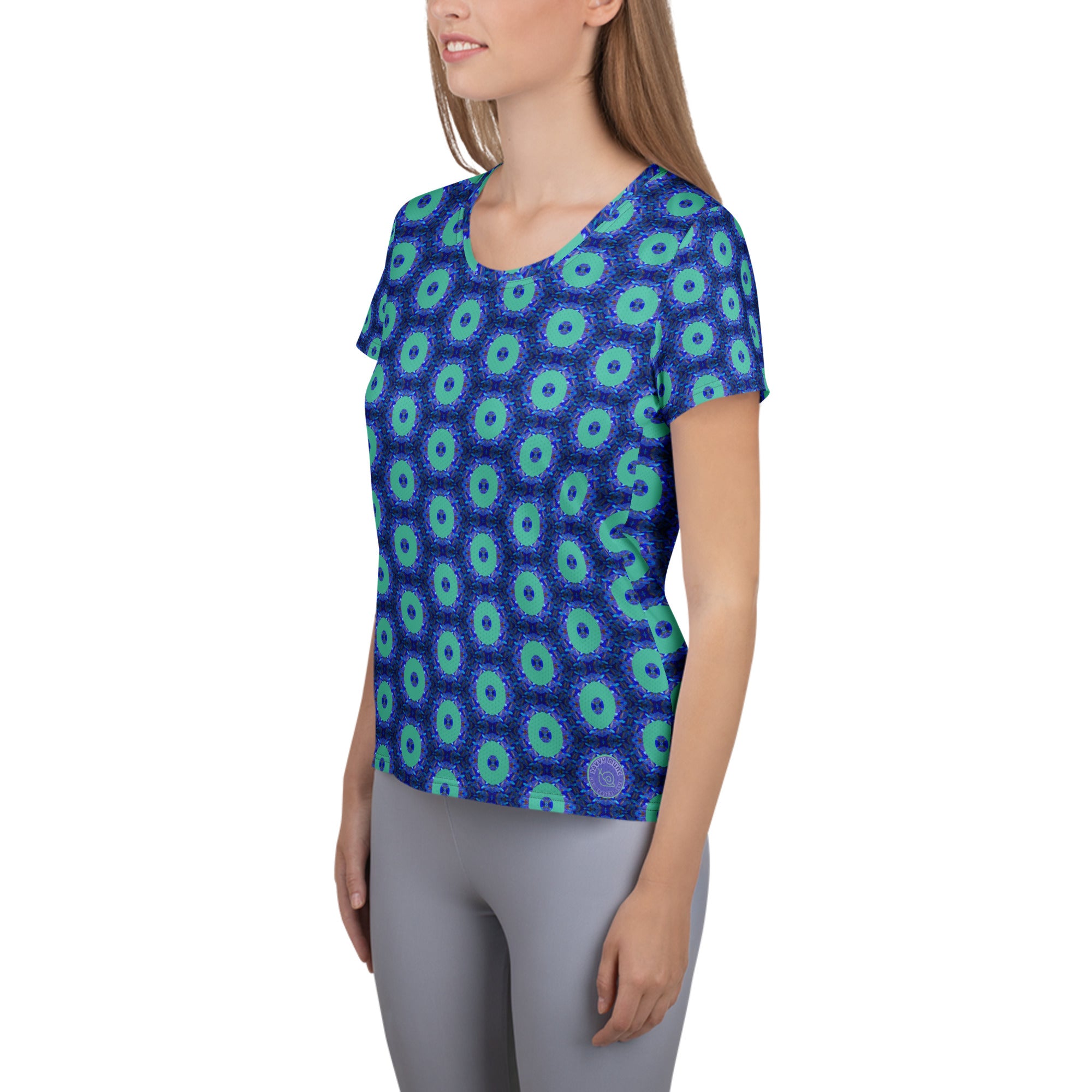 Model wearing the Savvy Munk Donut Remix - Women's Athletic T-Shirt, highlighting the bold graphic print and relaxed festival-ready fit in a lifestyle setting.